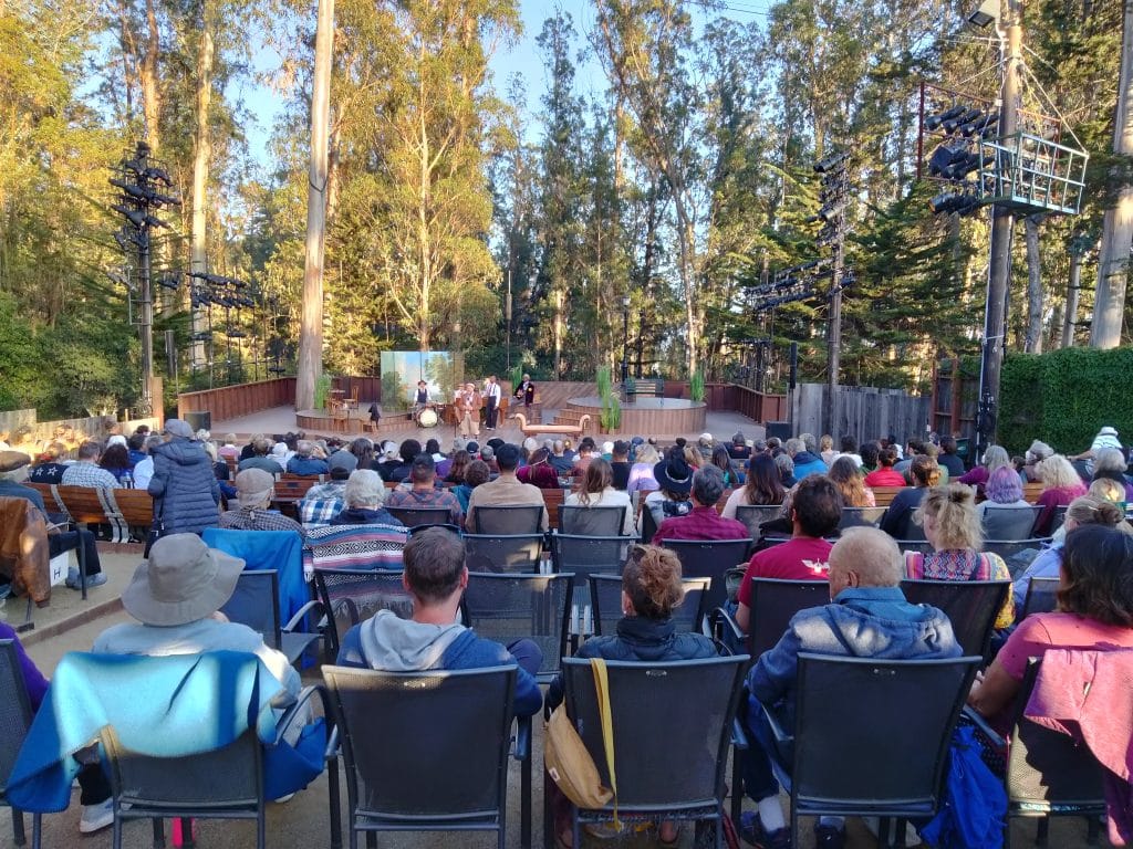 An audience filling the seats of the audrey stanley grove for a play